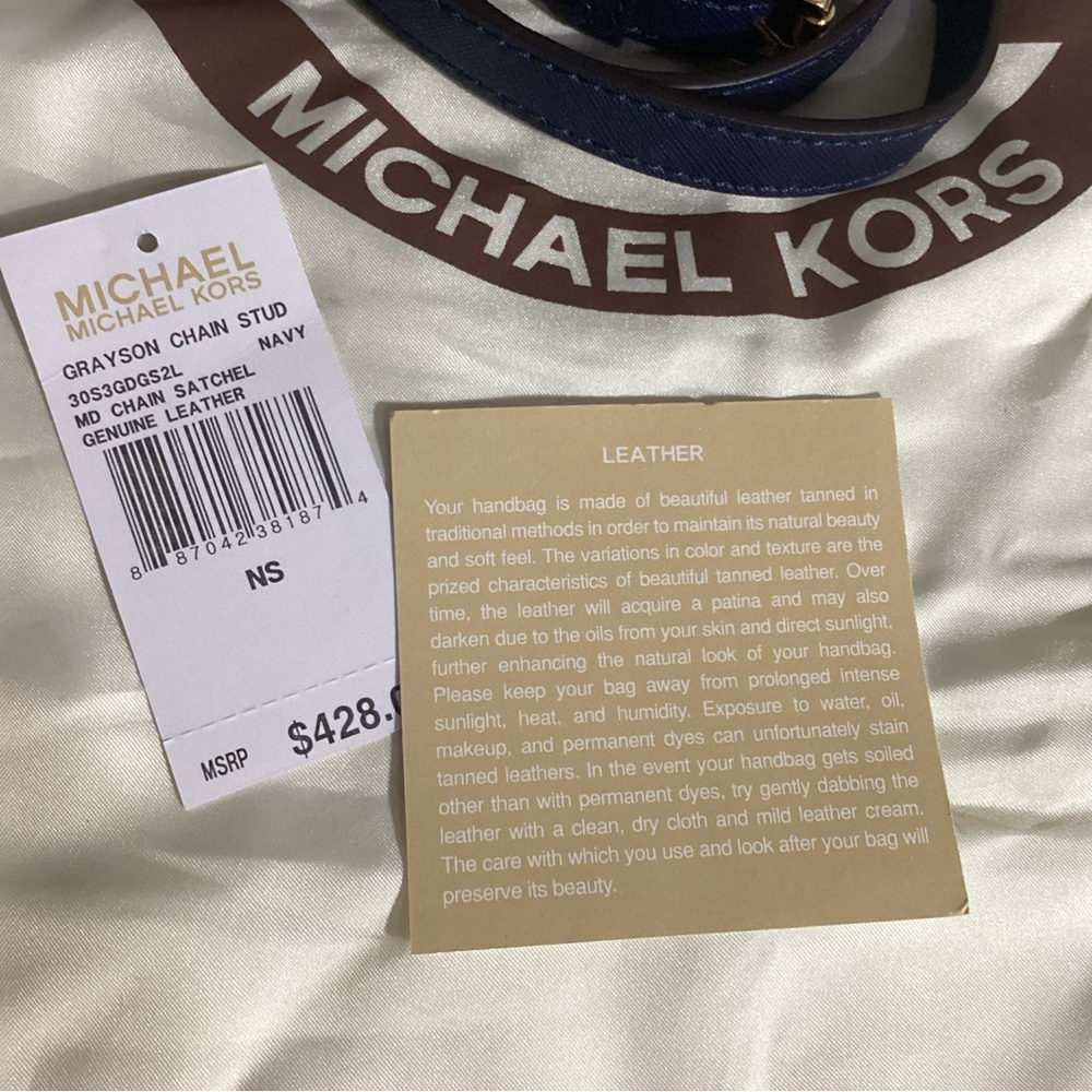MICHAEL Kors Navy Blue Gold Studded Leather Grayson Satchel with Long Strap - Picture 12 of 13